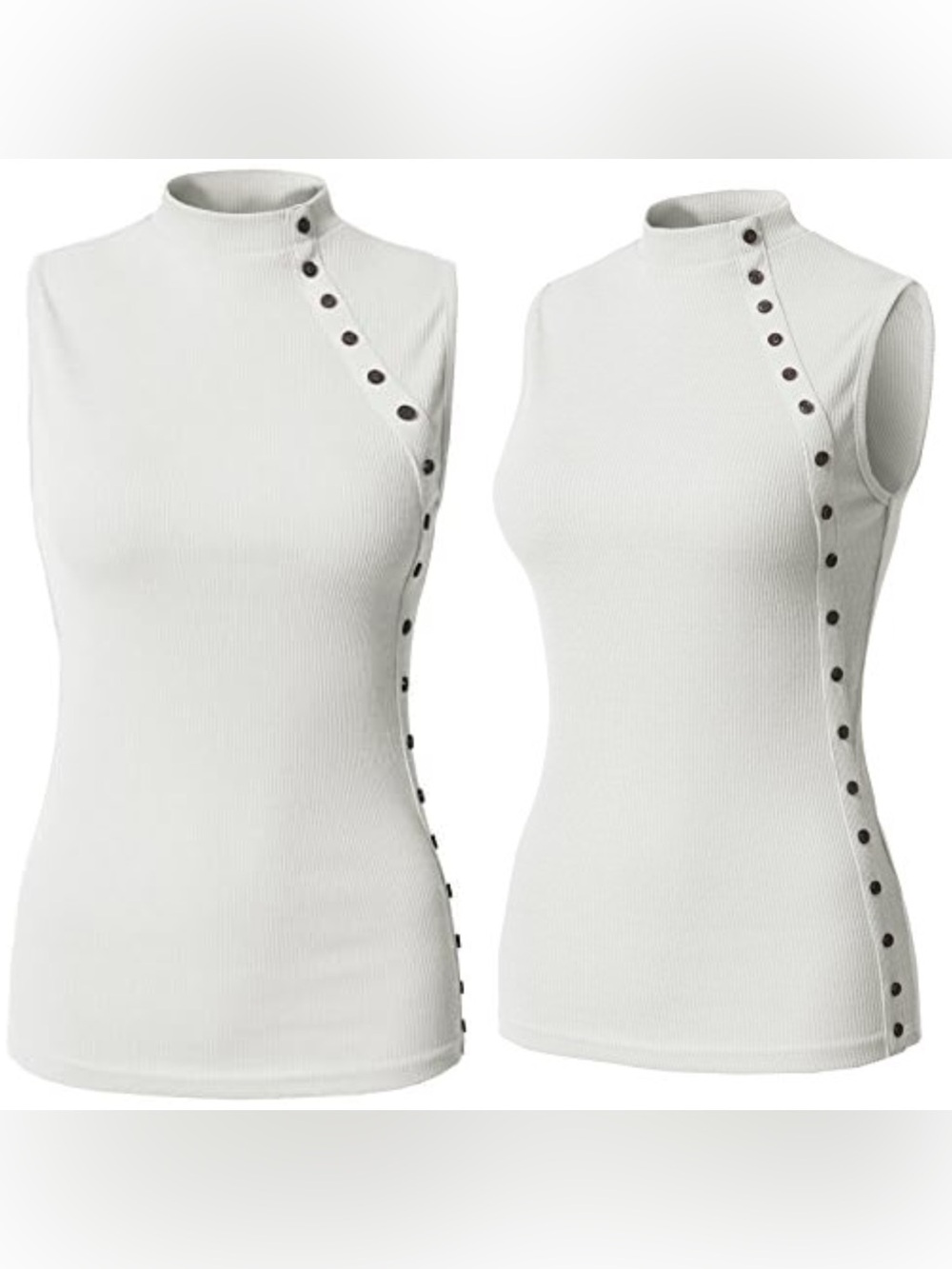H2H Women’s M/L Mock Neck Knit Tank White Brown Asymmetrical Buttons